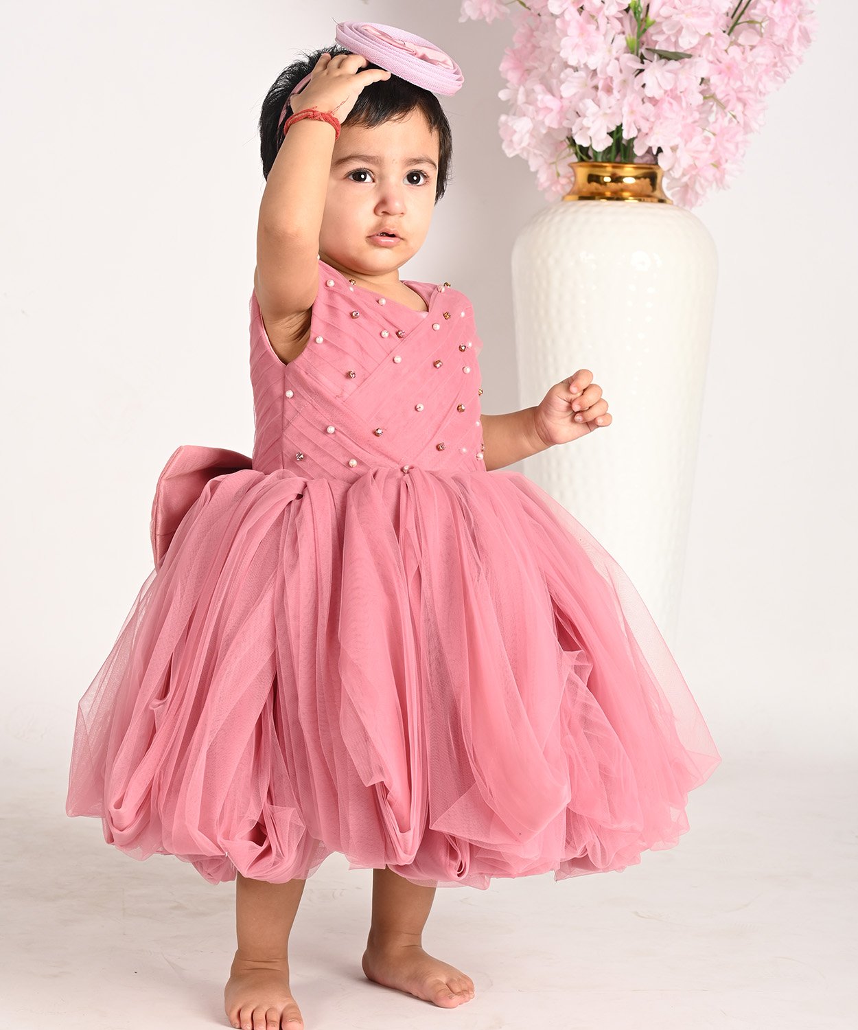 Pink Dress With  Acrisscross Bodice With Sparkling Accents