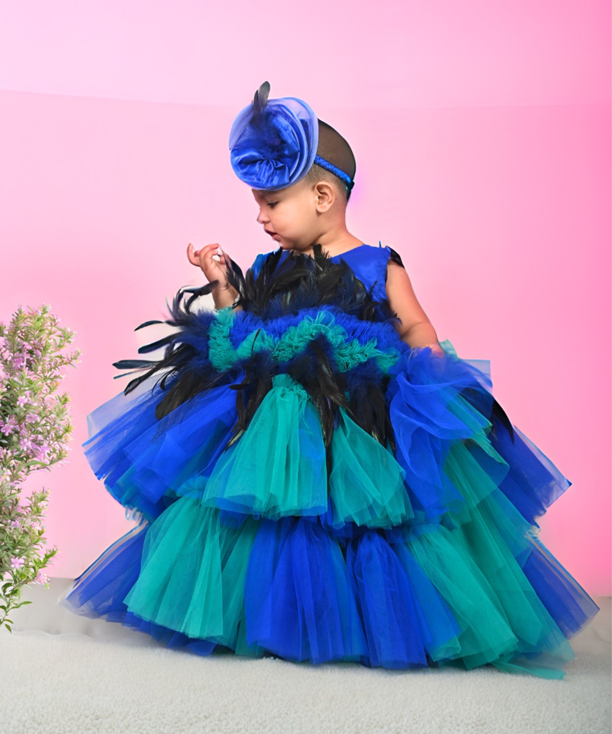Vibrant Blue And Green Layered Dress With Feather Accents And Matching Headband
