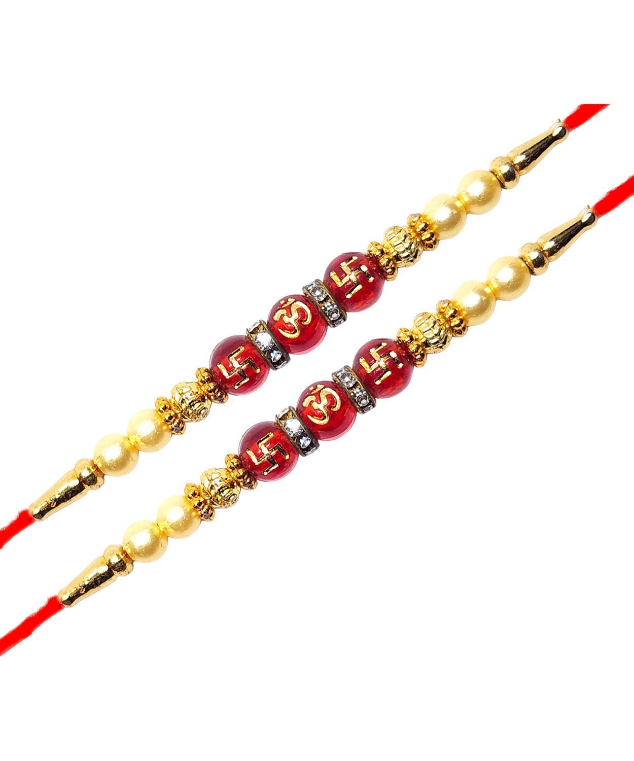 Red And Golden Beaded Om & Swastik Rakhi With Roli Chawal