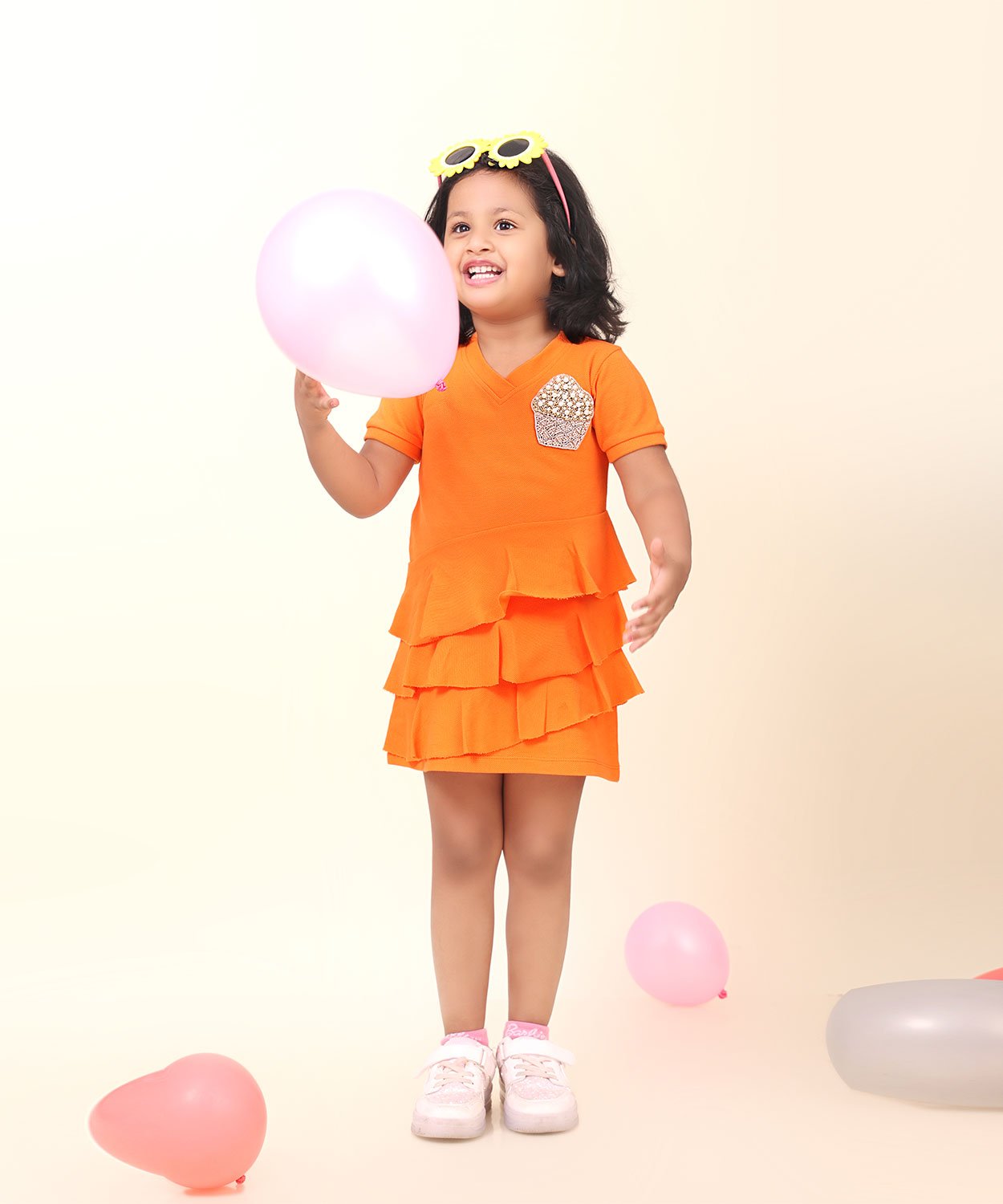 Orange Polo Dress With V-Neck And Flattering Ruffles All Over With Hand Made Cupcake Embellishment
