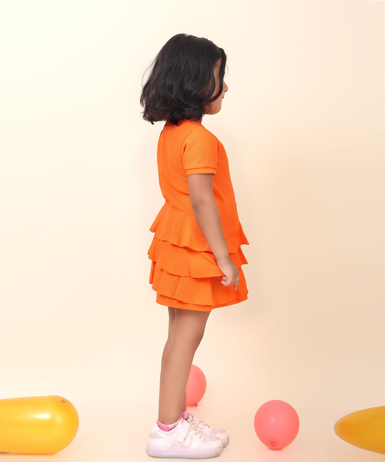 Orange Polo Dress With V-Neck And Flattering Ruffles All Over With Hand Made Cupcake Embellishment