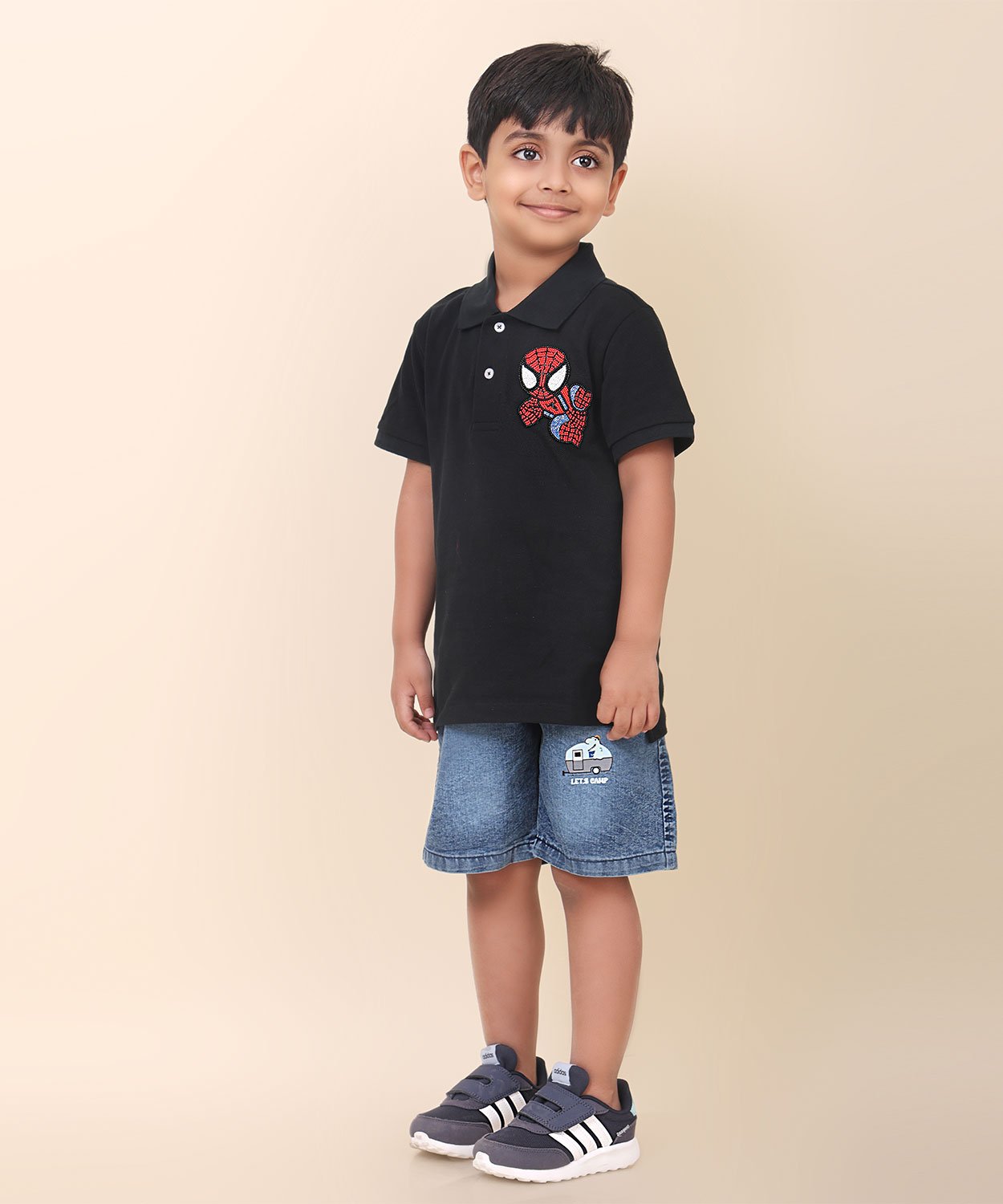 Black Polo T-Shirt With Hand Made Spiderman Embellishment