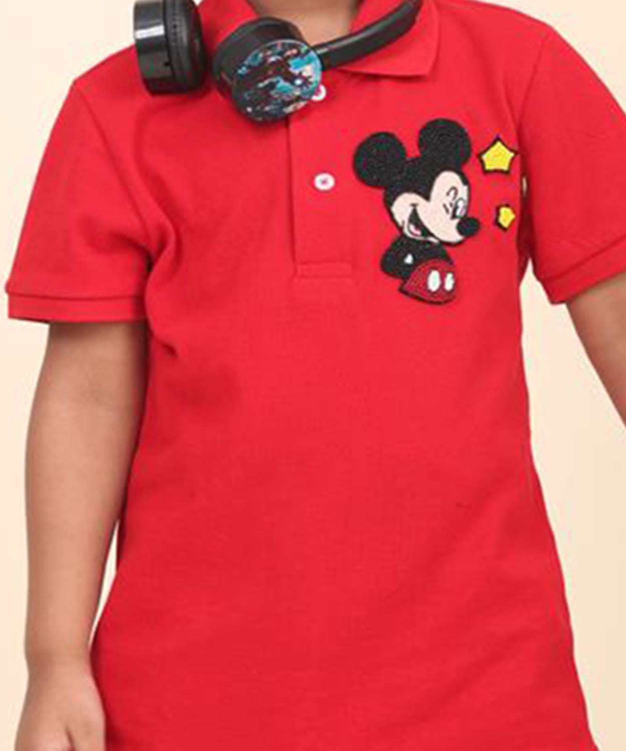 Red Polo T-Shirt With Hand Made Mickey Mouse Embellishment
