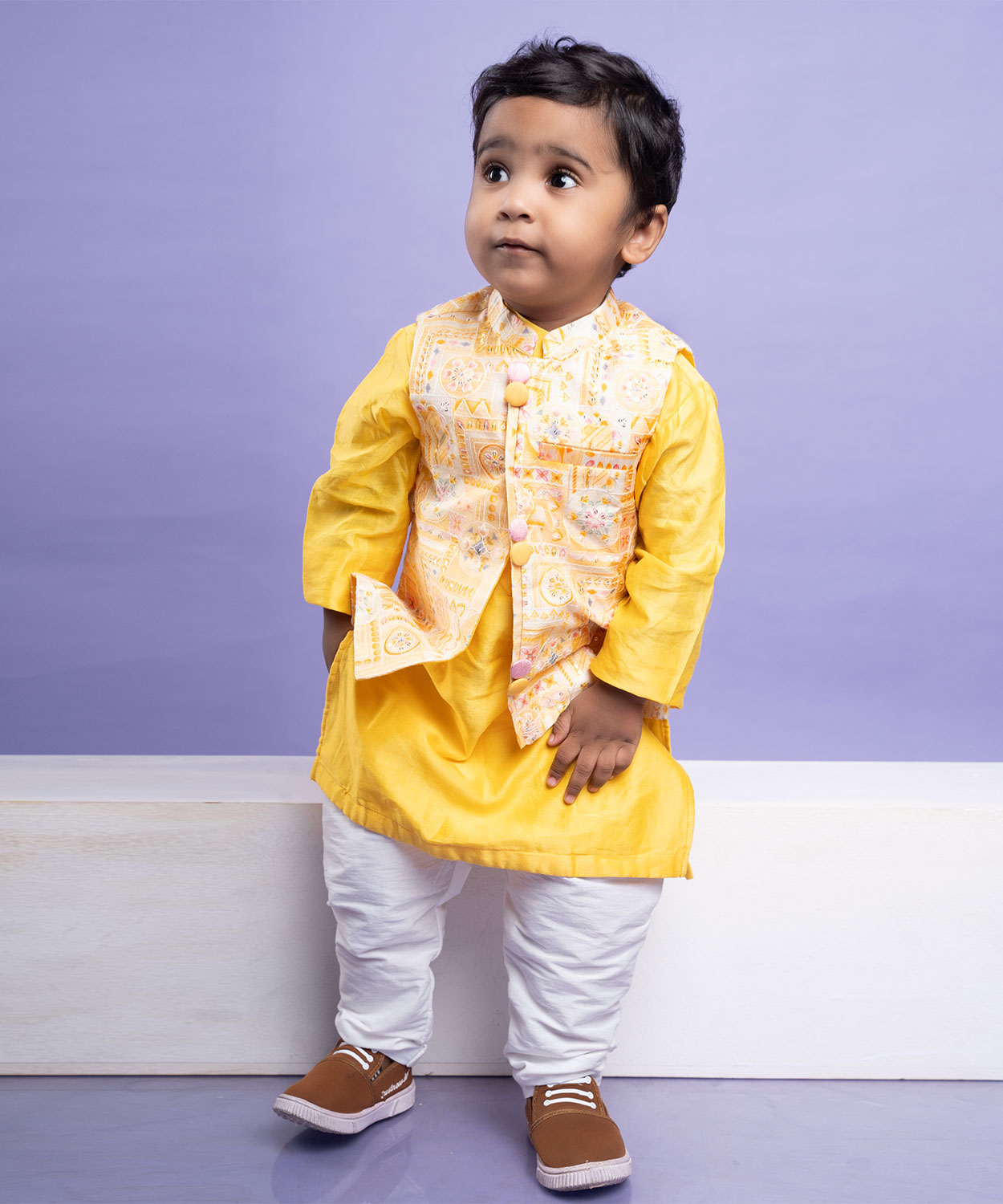 Kirti Agarwal Pret N Couture Presents Yellow Kurta Set With An Embroidered Peach Nehru Jacket Available Only At Little Tags