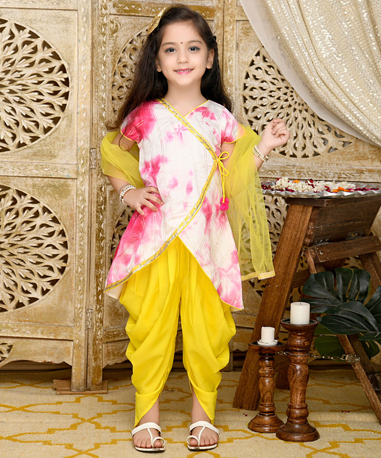 Saka Designs Presents Girls Tie Dye Angrakha Kurta With Yellow Dhoti Dupatta Available Only At Little Tags