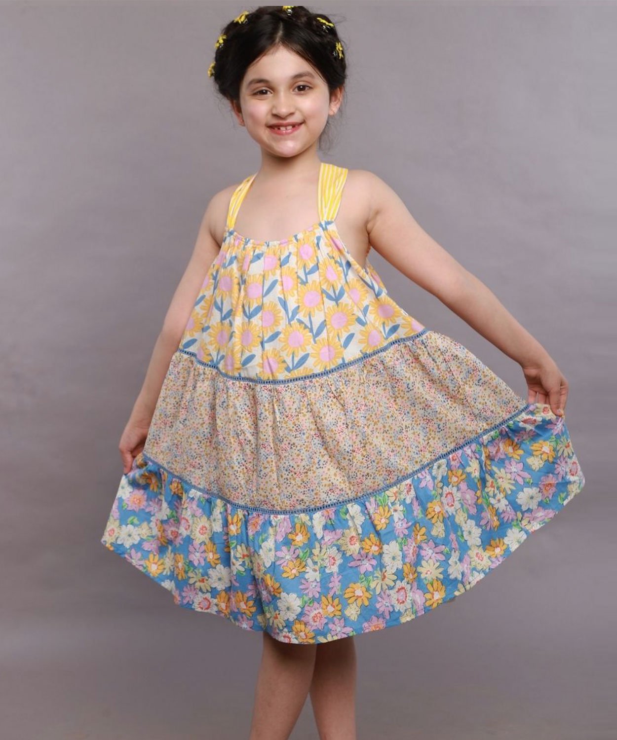 Sweetlime by AS Yellow & Blue Floral Print Three Tiered Cotton Poplin Dress