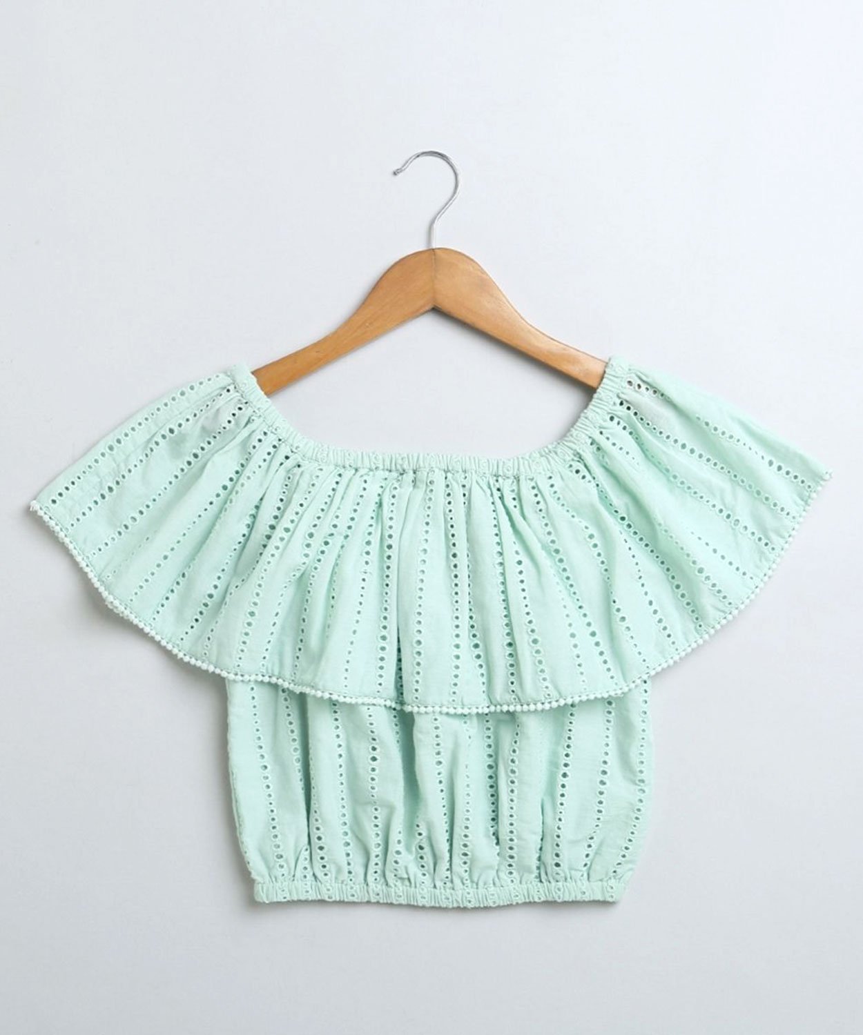 Sweetlime by AS Pastel Green Off-Shoulder Schiffly Crop Top