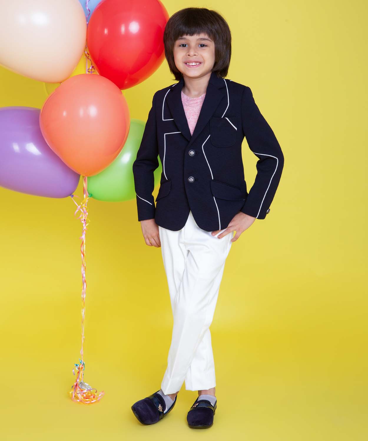 Little Boys Closet Presents Navy Blue Blazer With White Stripe Abstract Detailing With Off White Pants available only at little tags